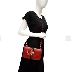 Gucci Red Leather Crossbody with Gold Tiger Head and Navy-Red Web